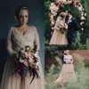 2017 långärmad plusstorlek tyllklänningar a-line country bröllop paljett spets topp trädgård brud klänningar v hals anpassad 0510