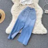 Vrouwen denim rokken 2 stks pakken scheve kraag trekstring topsirregulariteit hoge taille taast tassel split jeans rok kleding suit 240510