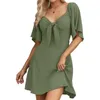 Mujeres Vestidos informales de línea A de manga corta Summer Summer Sexy Deep V Neck Elegant Bow Tie Mini Vestido