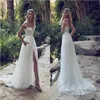 Nowe sukienki ślubne A-Line Illusion Off Rame Sweet Train Backless Garden Beach Suknie ślubne koronkowe aplikacje Vestidos de Novia 271t