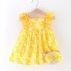 Girl Dresses Girls Dress Bag 2/Piece Set Summer Cartoon Small Flower Print Korean Version Cute Flying Sleeves