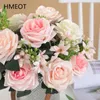 Fleurs décoratives 5 PCS Roses de fleurs artificielles blanches avec des fleurs roses de tige de mariage arrangement floral accessoires de bouquet décor de la maison