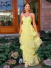 Robes décontractées Missord Elegant Yellow Long Tutu Party Robe Femmes Spaghetti Strap V Cou Neck Ruffles A-Line Prom Ball Robe