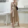 Casual Dresses Khaki Vintage Long Dress Woman Streetwear High Waist Gloss Shirt Office Lady Spring Autumn Elegant Business Female