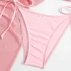 Kvinnors badkläder kvinnors rosa mini pärlbikini set 4 stycken mesh topp och snäv baddräkt j240510