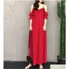 Basic casual jurken A Line y Summer Beach Red Chiffon Dress Cold Ruffles Split Maxi White Women Party Off Shoder Elegant Long Drop de Dhqja