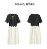 Summer Black Contrast Color Panelled Dress Short Sleeve Round Neck Lace Rhinestone Knee-Length Casual Dresses W4M065601