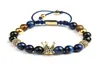 Niebieskie CZ Crown Men Bracelety Whatle 8 mm Natural Tiger Eye Stone Beads Macrame Biżuteria z koralikami ze stali nierdzewnej 8243984