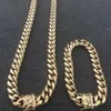 Men de 12 mm Men Cuban Miami Link Bracelet Chain Set 14k Gold plaqué en acier inoxydable 253d