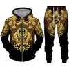 Luxury Golden Pattern 3D Print Mens Zipper Tracksuit Set Casual HoodiePants 2pcs Sethirt surdimension