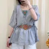 Blouses pour femmes Summer en V V mode court à manches courtes Femmes High Street Casual Loose Pilouss Vintage Broidered Cotton Chic Tops