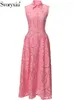 Robes décontractées svoryxiu Designer Fashion Summer Pink Elegant A-Line Long Robe Robe Women's Turn-Down Collar Sans manches Hook Flower Hollow