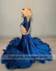 Długie niebieskie sukienki balowe 2024 Veet Crystals Rhinestones koraliki