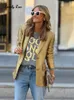 Hight Street Gold Blazer Jacke Frauen Langarm gekerbt Single Breaceed Pocket Female Jackets Herbst Elegant Lady Coat 240507