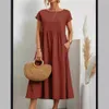 Womens Solid Cotton Linen Dress Summer Vintage Elegant Short Sleeve ONeck Pockets Maxi Sundress Harajuku Loose Y2K Long 240509