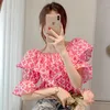 Blouses pour femmes Femmes Summer Style Tops Lady Casual Short Puff Sleeve Stand Collar une épaule imprimée Blusas Korean Murffon