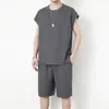 Moda de waffle sólido masculino casual verão fino conjunto de duas peças.