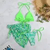 Kadın Mayo 3 Parça Bikini Etek Mayo İpi Kadınlar 2024 Seksi Banyo Takım Plaj Giyim Su Dalgası Baskı Örtüsü