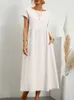 Womens Solid Cotton Linen Dress Summer Vintage Elegant Short Sleeve ONeck Pockets Maxi Sundress Harajuku Loose Y2K Long 240509