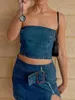 Work Dresses Women Crop Top And Jean Denim Skirt Set Backless Bandeau Tube Short Skirts Suit Club