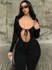 Hugcitar Fall Solid V Neck Hollow Out Lace Up Sexy Bodycon Jumpsuit Women Women Fashion Streetwear Sport Romper Overalls 240510