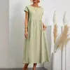 Womens Solid Cotton Linen Dress Summer Vintage Elegant Short Sleeve ONeck Pockets Maxi Sundress Harajuku Loose Y2K Long 240509