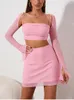 Arbeitskleider Colysmo Sweet Pink 2 Stück Set Frauen sexy Full Ärmel Rückenless Top Eine Linie Stretchy Minirock -Sets passendes Party Club -Outfit