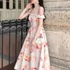 Sukienki imprezowe Kobiety Summer Vintage Elegancka w stylu pasterska kwiatowa sukienka midi Lolita Sweet High talia Silk Pink Long