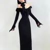 Abiti casual XeeMilo Black Mesh Ruffles Abito da sera Temperamento rotondo Collar Slim maniche lunghe Maxi Women Elegant Party Club Robe