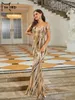 Casual Dresses Missord Elegant Gold Print Sequin Party Dress Women 2024 Off Axel Sleeveless Bodycon Mermaid Evening Long Prom Gown
