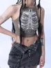 Punk esthétique Cyber Vintage X-Ray Skull Imprimé Cibbed Sans Shevest Vest Army Green Crop Top Designer Womens 2024 Summer Y2K Tissu 240510