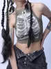 Punk esthétique Cyber Vintage X-Ray Skull Imprimé Cibbed Sans Shevest Vest Army Green Crop Top Designer Womens 2024 Summer Y2K Tissu 240510