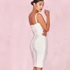 Casual Dresses 2024 Women White Summer Mid-Längd Dress Sexig Lady Belt Spaghetti Strap Bandage Party Club V Neck Bodycon