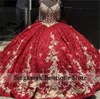 Glitter Red Princess Quinceanera Dresses Ball Straps Flowers Flower Defliques Crystals equins Sweet Sweet Vongr Court Train
