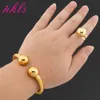 18K Gold Color Cuff Bangle with Ring Set Dubai Round Beads Design Luxury Italian African Bracelet Wedding Daily Wear Jewelry 240510