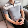 Modische Business Mens Down Shirt Summer Stripe Slim Fit Top Mens Casual Button Design kurzärmeliges Polo -Shirt 240428
