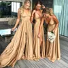 Gold Sexy V Neck Long Bridesmaid Dresses 2020 Backless Wedding Guest Dress Simple Split Prom Gowns 2762