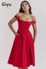 Casual Dresses Giyu Sexy Vintage Floral Print Dress Women 2024 Summer Elegant Off Shoulder Backless Mid Calf Split Party Holiday Red