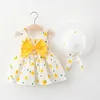 Girl Dresses 2/piece Set Of Girls' Dress Straw Hat Summer Baby Knot Cartoon Flower Print Large Butterfly Sleeveless