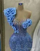 2024 Blue Plus Size Prom -jurken voor speciale gelegenheden beleggen een schouder kralen kant kanttoste strass Decoreerde verjaardagsfeestjurk tweede receptie jurken am891