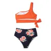 Women's Swimwear Micro Bikini Orange Floral One Shoulder Tied Bathing Suit High Waist Cutout Backless Surf Wear Swimming Biquini Tankini