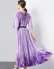 Festklänningar Elegant Miyake Pleated Holiday Gorgeour Floral Loose Dress Summer Women O Neck Purple Flower Print High Stretch Belt