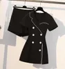Плюс размер женщин черный пиджак с двумя частями корейский короткий рукав V Midi Midi и устанавливает офисные дамы твердые vestidos wonds0396574746