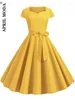 Vestidos de festa vestido amarelo amarelo 50s 60s Vintage 2024 Summer Mulheres de manga curta colar de colarinho elegante cinturão
