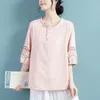 Bluzki damskie letnia okrągła szyja moda na pół rękawie koszula kobiety chiński styl jadalny drzewo pullover guziki haftowane vintage topy