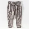 Men's Pants Spring And Summer Linen Cropped For Thin Youth Casual Striped Elastic Waistband Tied