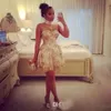 Afrikanska korta cocktailklänningar Hög hals Se genom guldpaljetter Applices Homecoming Gowns Lace Mini A Line Sexy Mini Prom Dress 2432