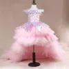 Pink Sequin High Low Girls Pageant Robes de l'épaule Robe de boule en tulle