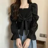 Женские блузки сладкий лук плиссированные плиссированные топы рубашки с длинным рукава