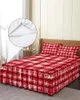 Salia de cama estilo pastoral vermelho branco elástico elástico ajustado com travesseiros lençóis de cama de capa de colchão